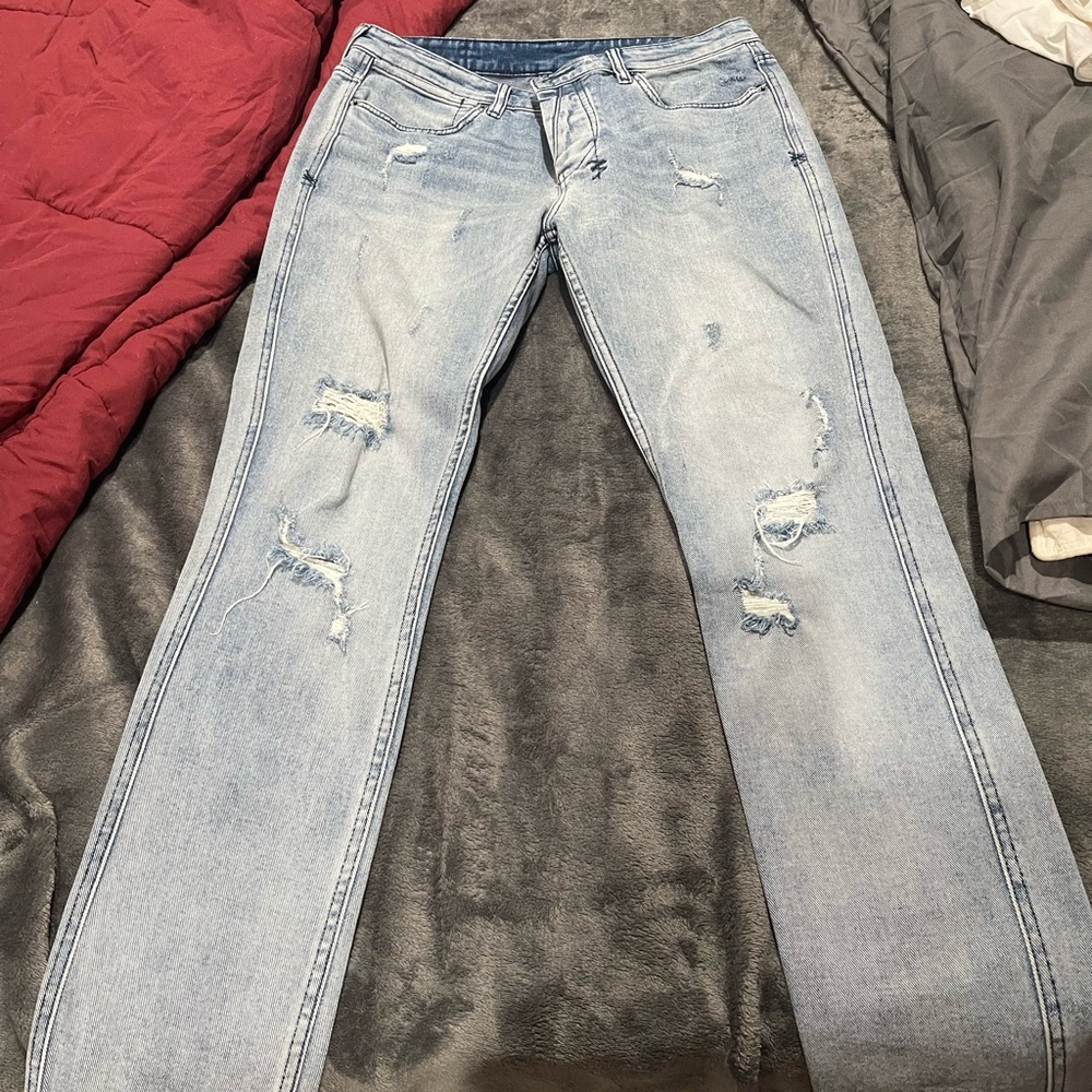 Men’s Ksubi Faded Blue Ripped Straight Leg Jeans 34x30